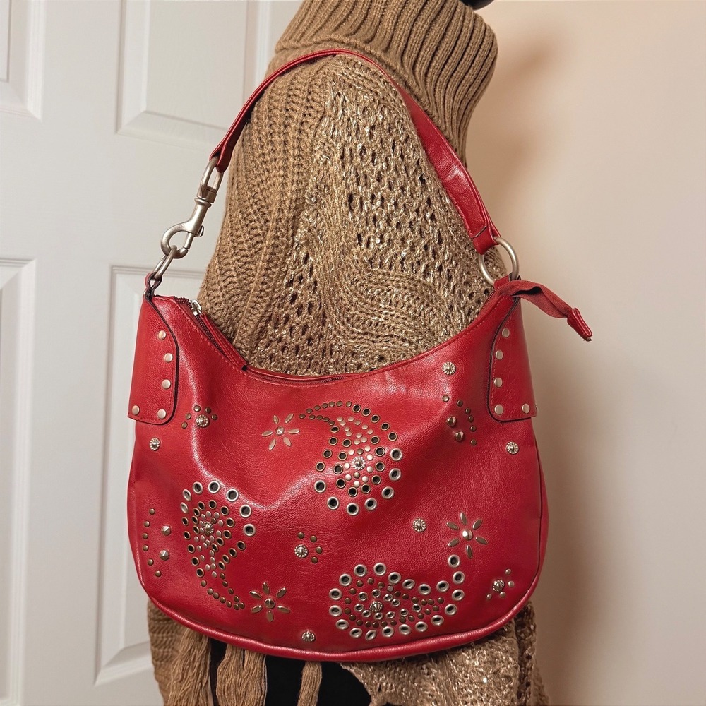 VTG Red Shoulder Mini Bag Embellished Paisley Faux Leather Y2K Purse